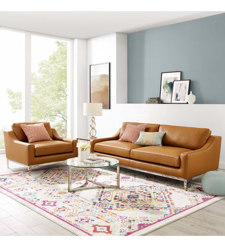 Harness Stainless Steel Base Leather Sofa & Armchair Set in Tan - Lexmod