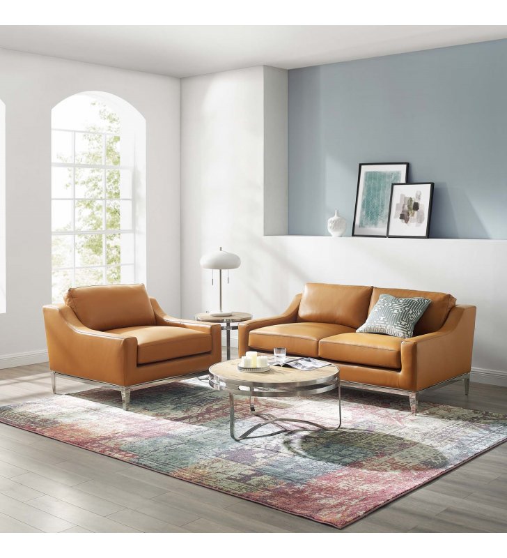 Harness Stainless Steel Base Leather Loveseat & Armchair Set in Tan - Lexmod
