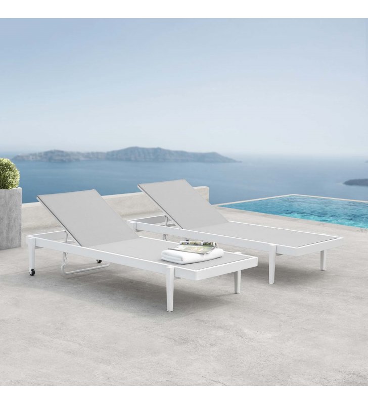 Charleston Outdoor Patio Aluminum Chaise Lounge Chair Set of 2 in White Gray - Lexmod