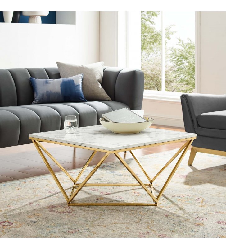 Vertex Gold Metal Stainless Steel Coffee Table in Gold White - Lexmod