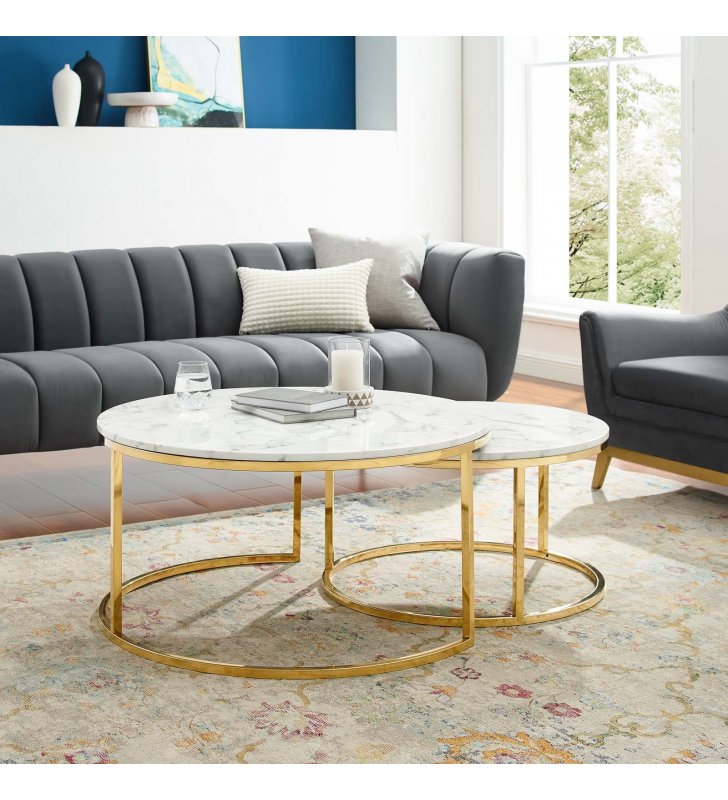 Ravenna Artificial Marble Nesting Coffee Table in Gold White - Lexmod
