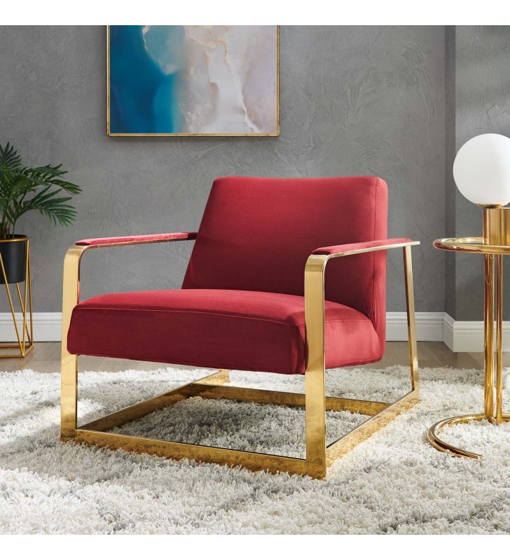 Seg Performance Velvet Accent Chair in Gold Maroon - Lexmod