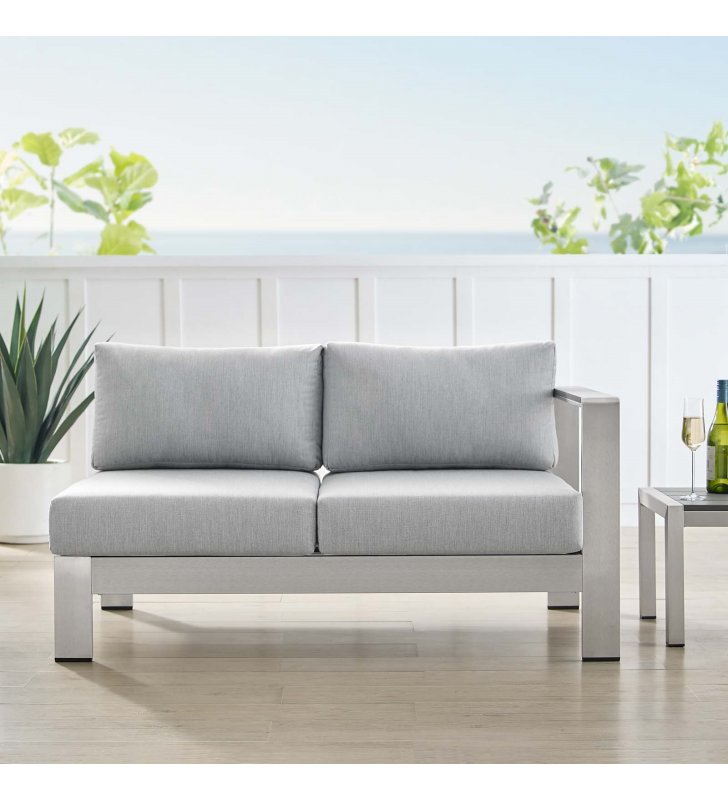 Shore Sunbrella Fabric Aluminum Outdoor Patio Right-Arm Loveseat in Silver Gray - Lexmod