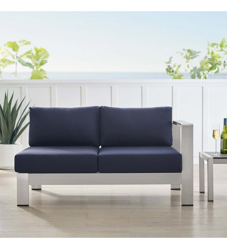 Shore Sunbrella Fabric Aluminum Outdoor Patio Right-Arm Loveseat in Silver Navy - Lexmod