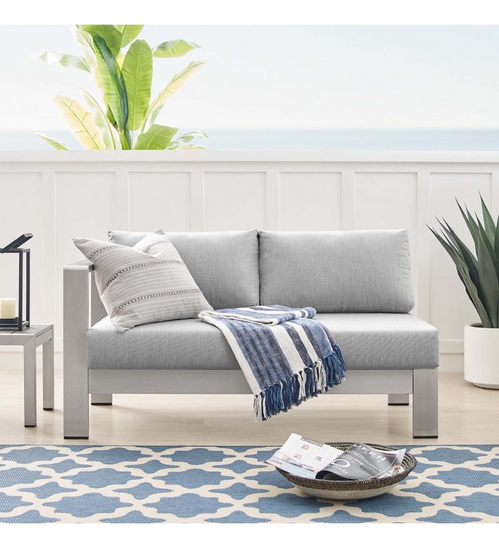 Shore Sunbrella Fabric Aluminum Outdoor Patio Left-Arm Loveseat in Silver Gray - Lexmod