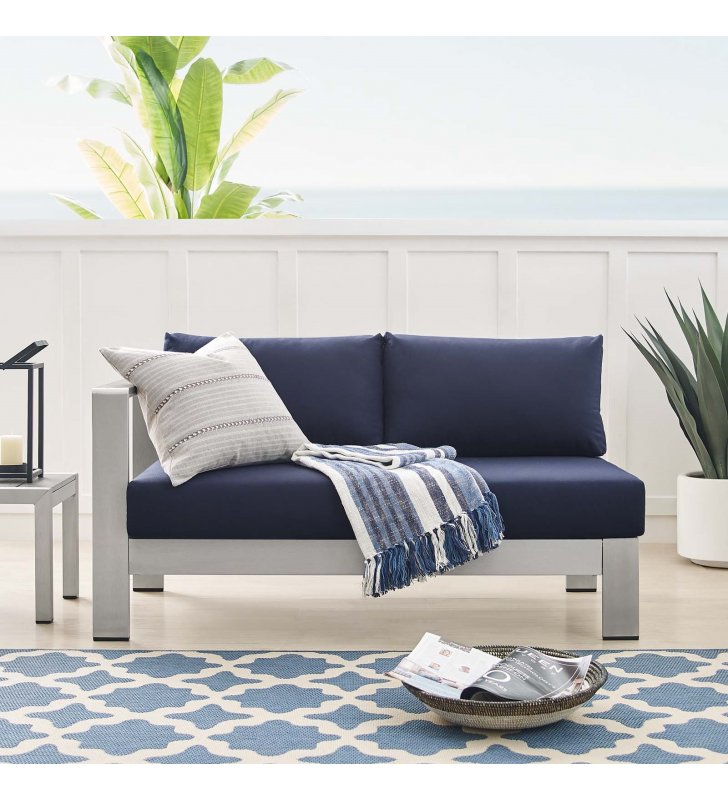 Shore Sunbrella Fabric Aluminum Outdoor Patio Left-Arm Loveseat in Silver Navy - Lexmod