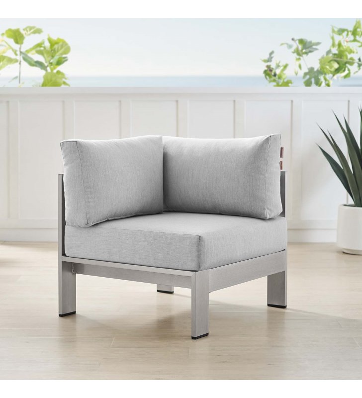 Shore Sunbrella Fabric Aluminum Outdoor Patio Corner Sofa in Silver Gray - Lexmod