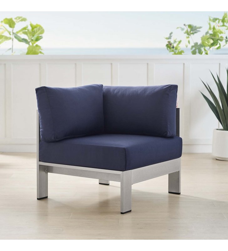 Shore Sunbrella Fabric Aluminum Outdoor Patio Corner Sofa in Silver Navy - Lexmod