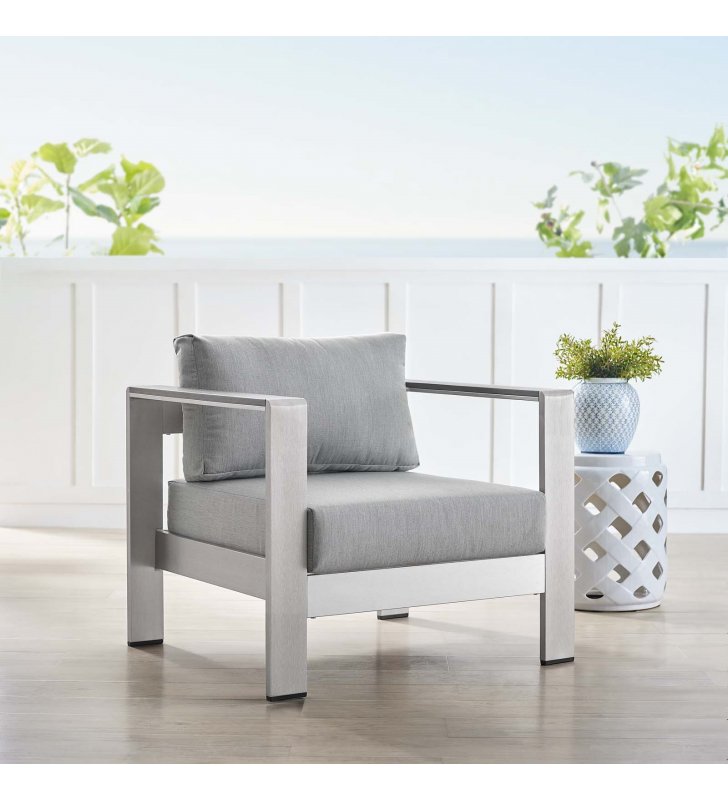 Shore Sunbrella Fabric Aluminum Outdoor Patio Armchair in Silver Gray - Lexmod