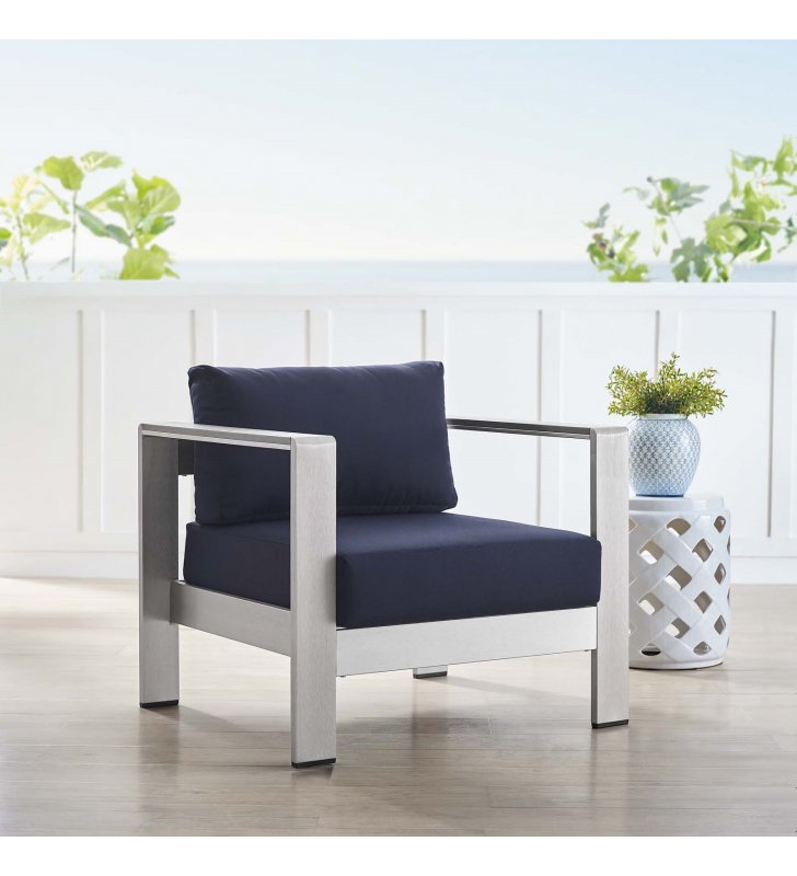 Shore Sunbrella Fabric Aluminum Outdoor Patio Armchair in Silver Navy - Lexmod