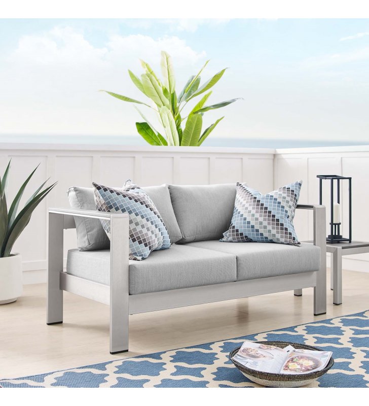 Shore Sunbrella Fabric Aluminum Outdoor Patio Loveseat in Silver Gray - Lexmod