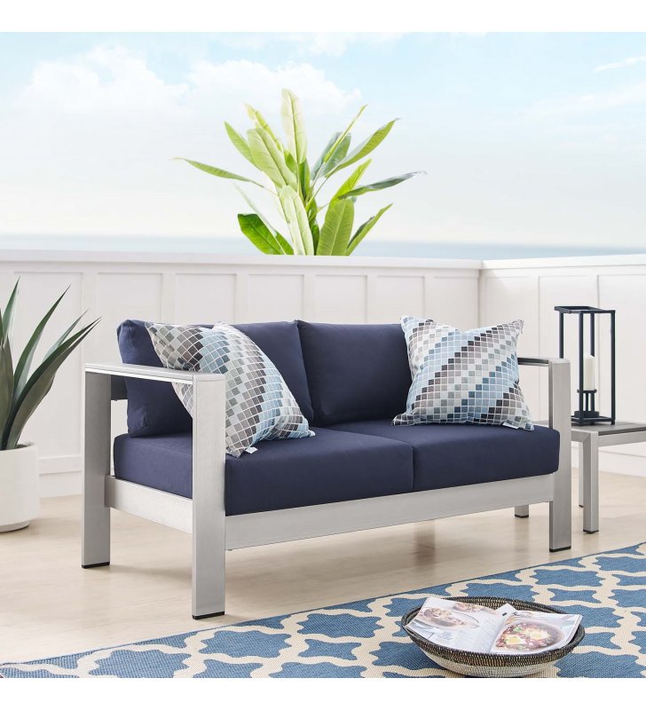 Shore Sunbrella Fabric Aluminum Outdoor Patio Loveseat in Silver Navy - Lexmod