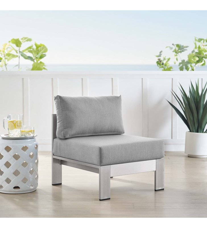 Shore Sunbrella Fabric Aluminum Outdoor Patio Armless Chair in Silver Gray - Lexmod