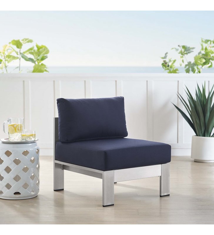 Shore Sunbrella Fabric Aluminum Outdoor Patio Armless Chair in Silver Navy - Lexmod