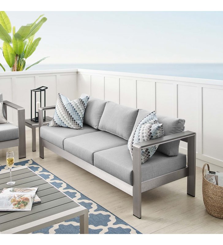 Shore Sunbrella Fabric Aluminum Outdoor Patio Sofa in Silver Gray - Lexmod
