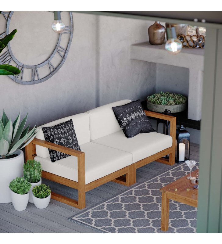 Upland Outdoor Patio Teak Wood 2-Piece Sectional Sofa Loveseat in Natural White - Lexmod