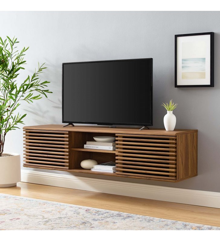 Render 60" Wall-Mount Media Console TV Stand in Walnut - Lexmod