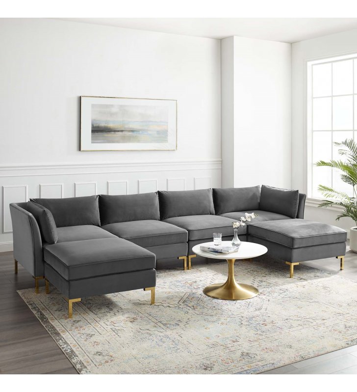 Ardent 6-Piece Performance Velvet Sectional Sofa in Gray - Lexmod