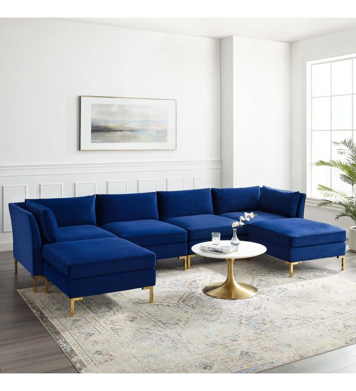 Ardent 6-Piece Performance Velvet Sectional Sofa in Navy - Lexmod