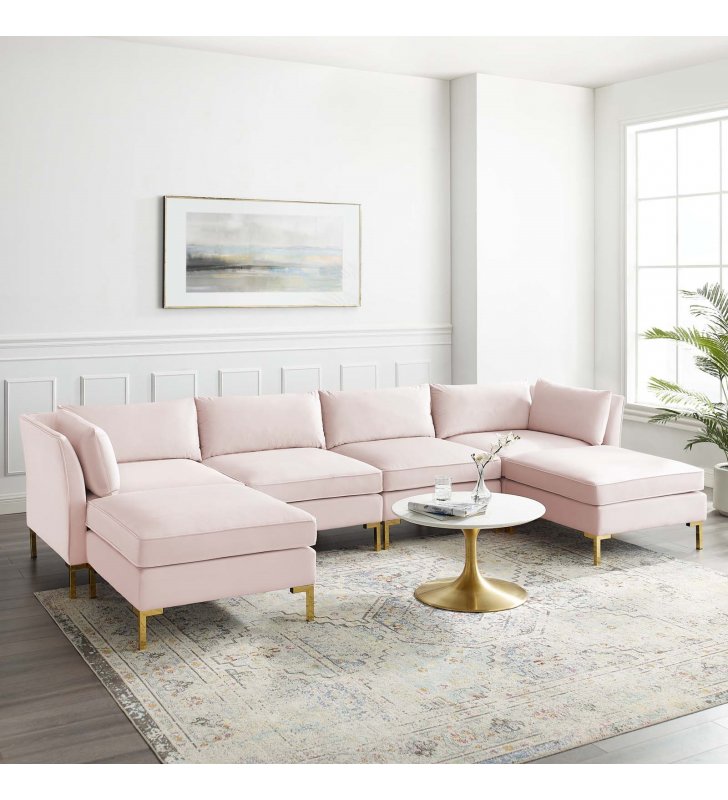 Ardent 6-Piece Performance Velvet Sectional Sofa in Pink - Lexmod