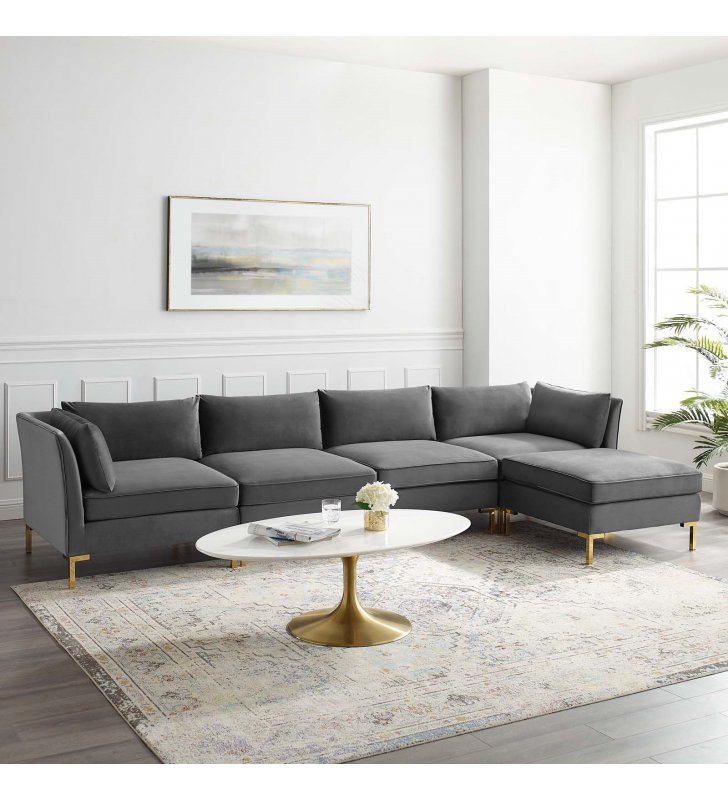 Ardent 5-Piece Performance Velvet Sectional Sofa in Gray - Lexmod