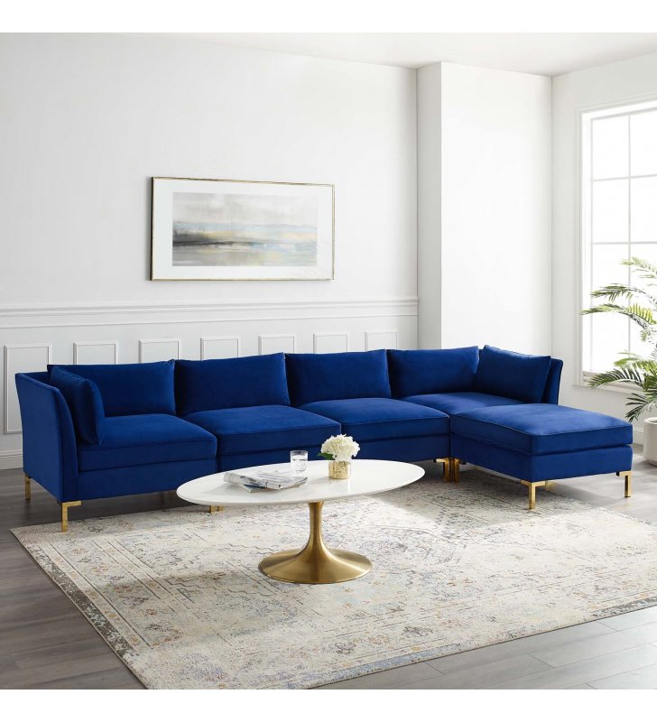 Ardent 5-Piece Performance Velvet Sectional Sofa in Navy - Lexmod