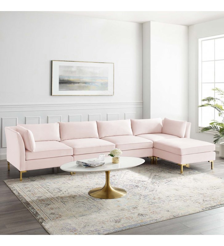 Ardent 5-Piece Performance Velvet Sectional Sofa in Pink - Lexmod