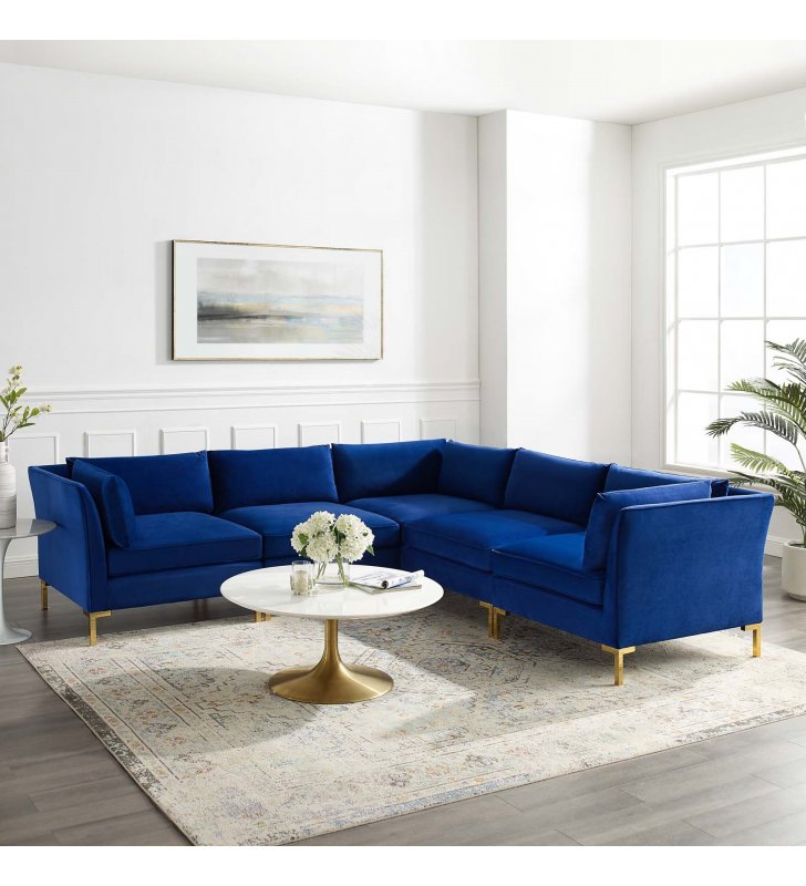 Ardent 5-Piece Performance Velvet Sectional Sofa in Navy - Lexmod