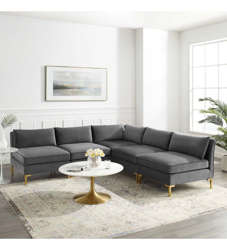 Ardent 5-Piece Performance Velvet Sectional Sofa in Gray - Lexmod