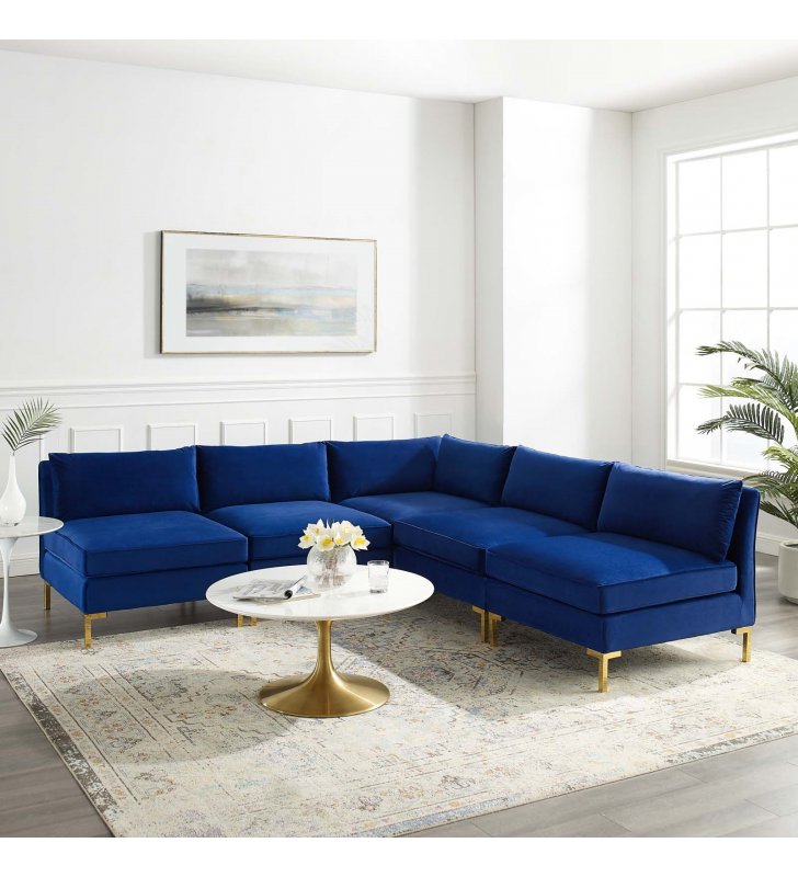 Ardent 5-Piece Performance Velvet Sectional Sofa in Navy - Lexmod