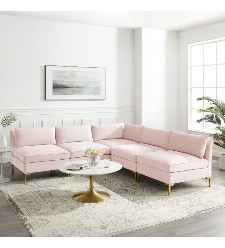 Ardent 5-Piece Performance Velvet Sectional Sofa in Pink - Lexmod