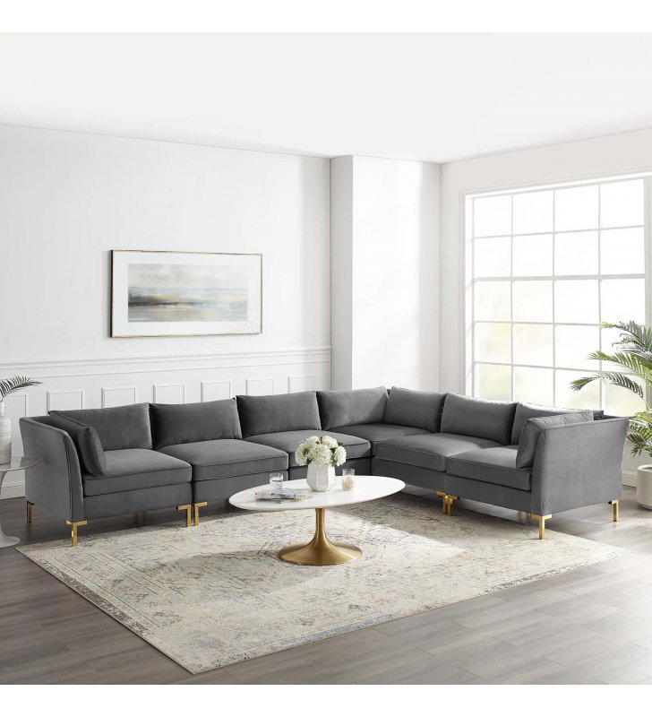 Ardent 6-Piece Performance Velvet Sectional Sofa in Gray - Lexmod