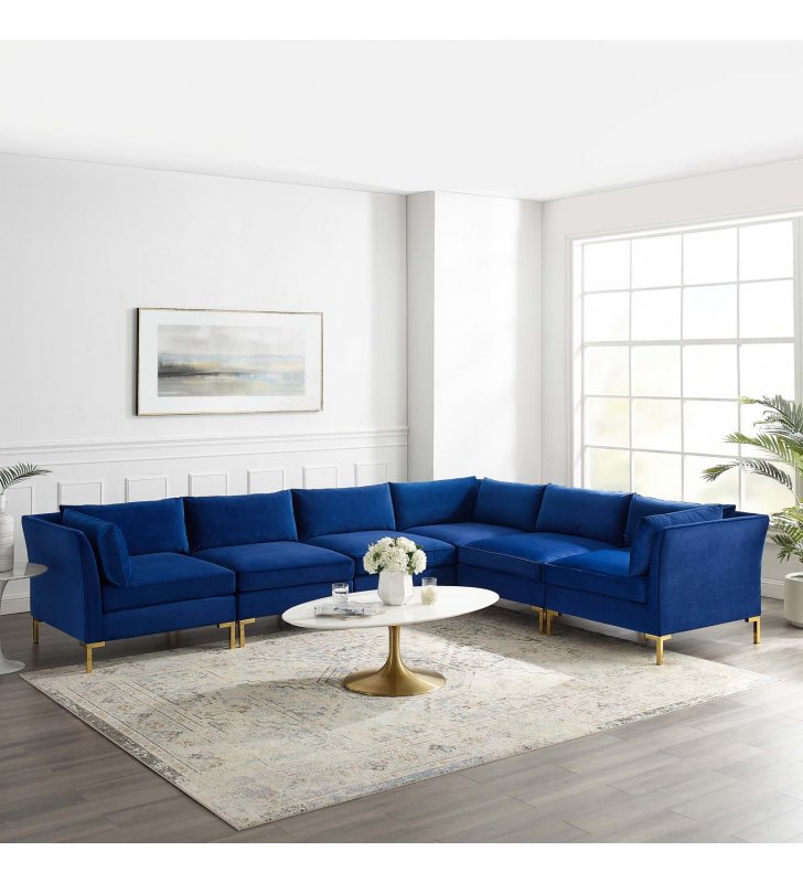 Ardent 6-Piece Performance Velvet Sectional Sofa in Navy - Lexmod