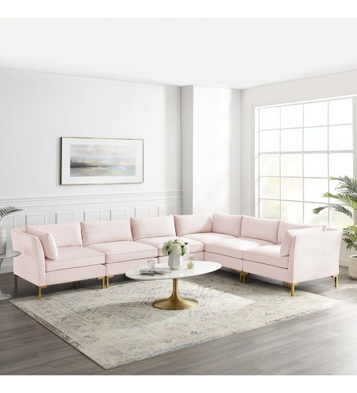 Ardent 6-Piece Performance Velvet Sectional Sofa in Pink - Lexmod