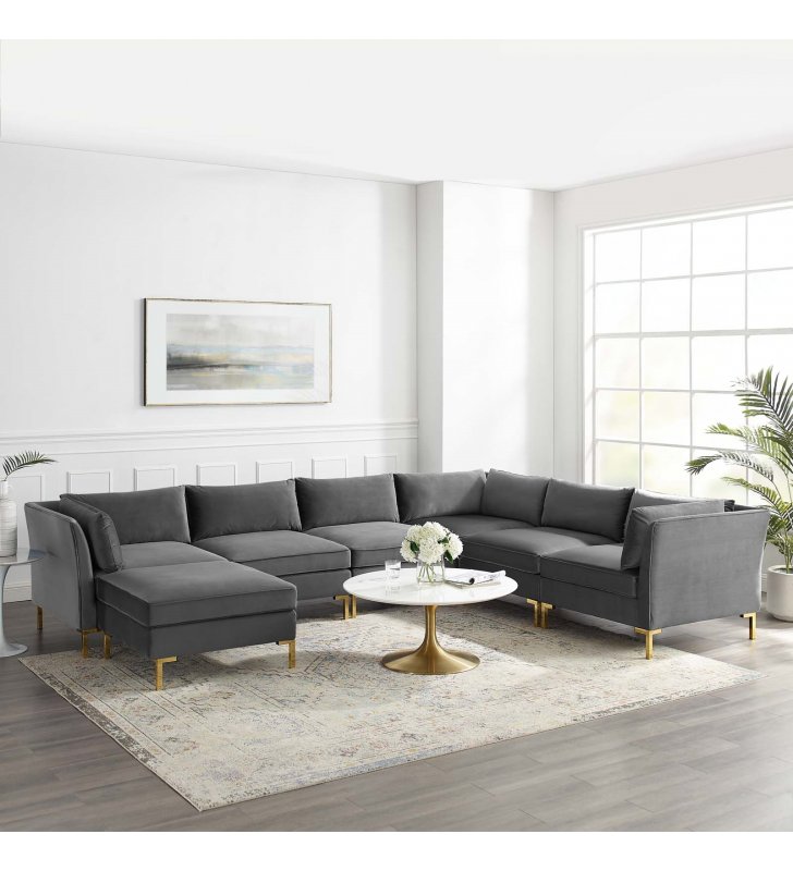 Ardent 7-Piece Performance Velvet Sectional Sofa in Gray - Lexmod