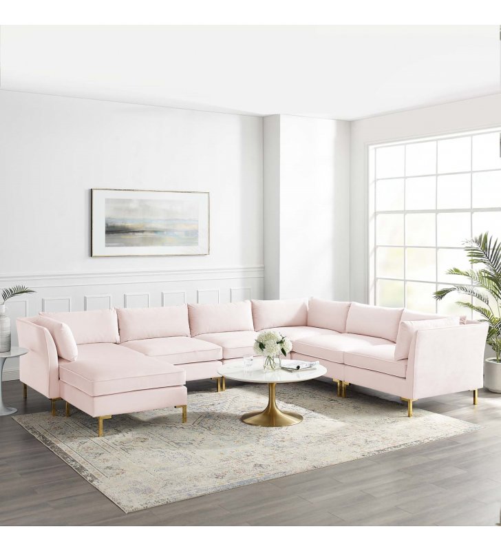 Ardent 7-Piece Performance Velvet Sectional Sofa in Pink - Lexmod