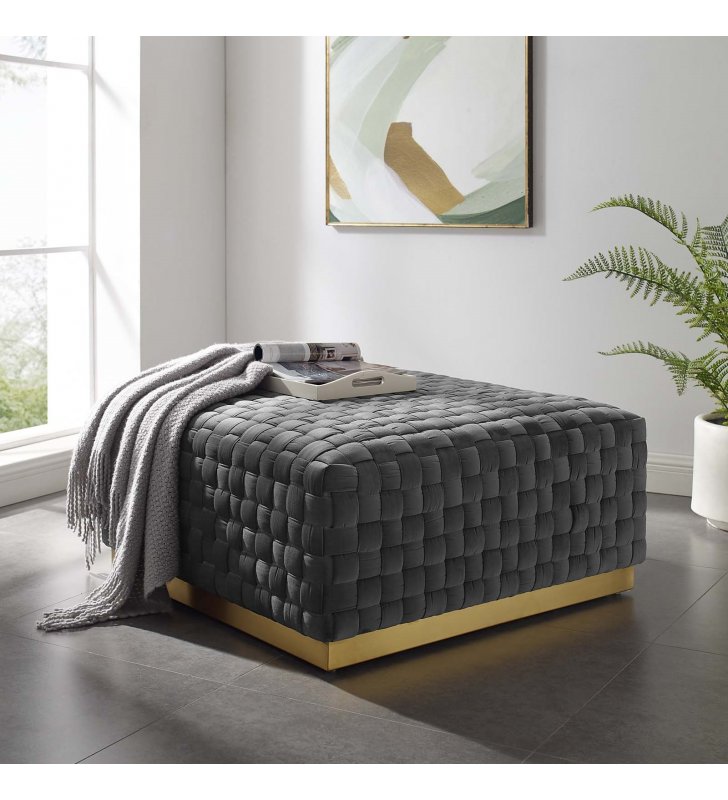 Florence Square Performance Velvet Ottoman in Gray - Lexmod