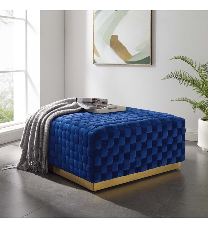 Florence Square Performance Velvet Ottoman in Navy - Lexmod