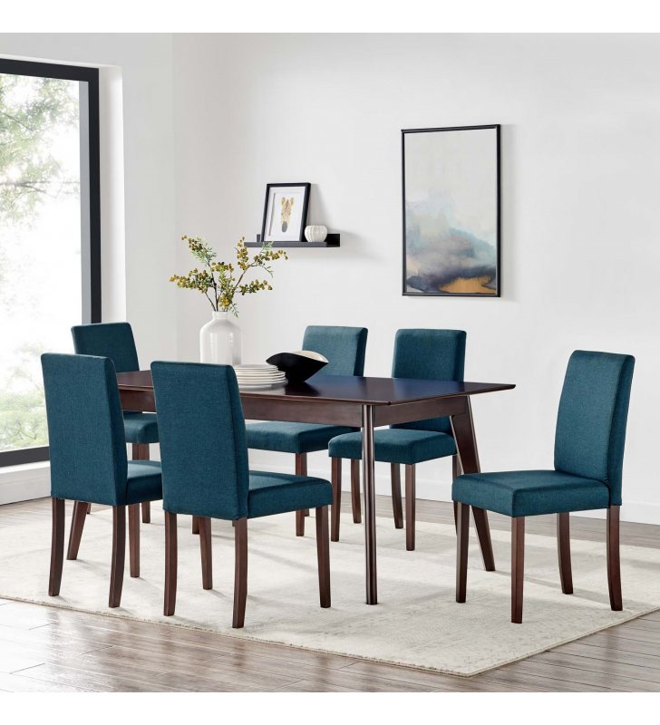 Prosper 7 Piece Upholstered Fabric Dining Set in Cappuccino Blue - Lexmod