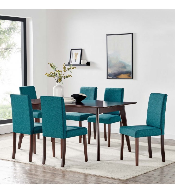 Prosper 7 Piece Upholstered Fabric Dining Set in Cappuccino Teal - Lexmod