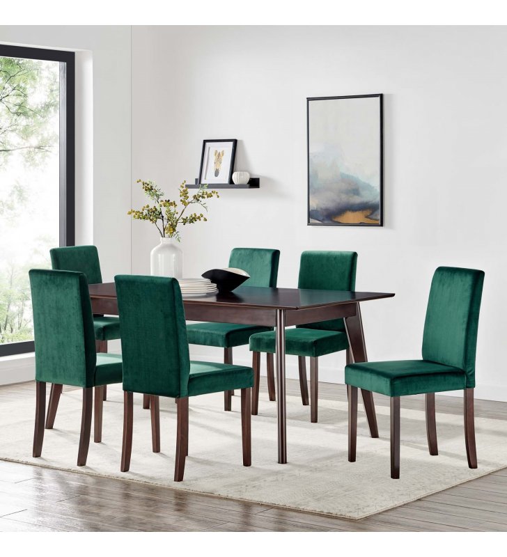 Prosper 7 Piece Upholstered Velvet Dining Set in Cappuccino Green - Lexmod