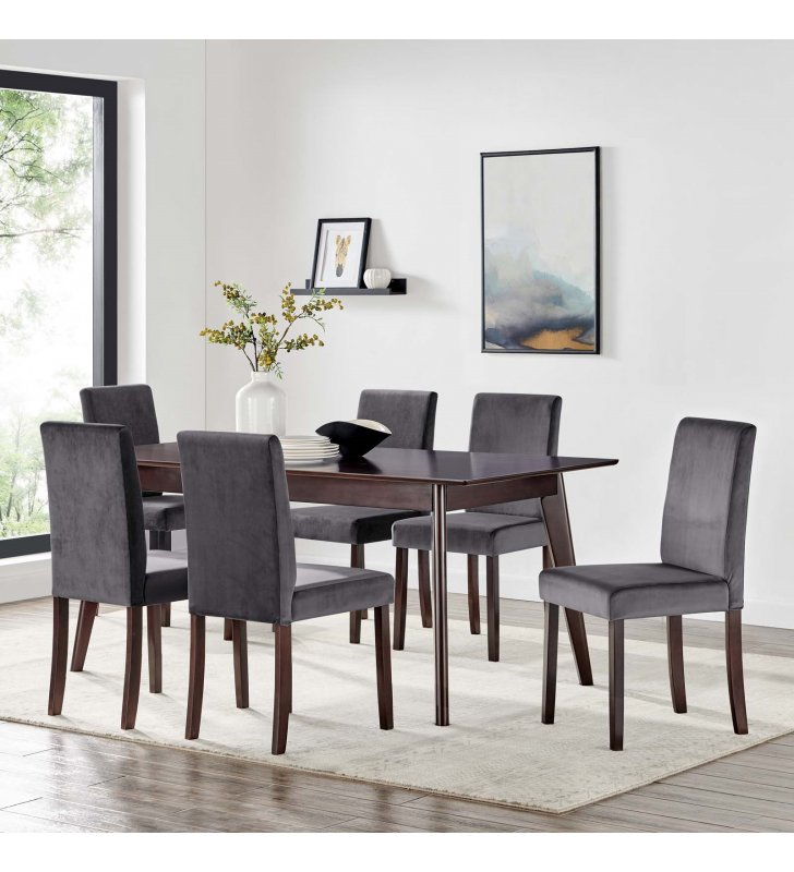 Prosper 7 Piece Upholstered Velvet Dining Set in Cappuccino Gray - Lexmod