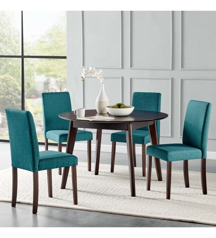 Prosper 5 Piece Upholstered Fabric Dining Set in Cappuccino Teal - Lexmod