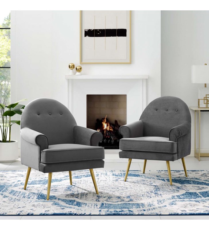 Revive Armchair Performance Velvet Set of 2 in Gray - Lexmod