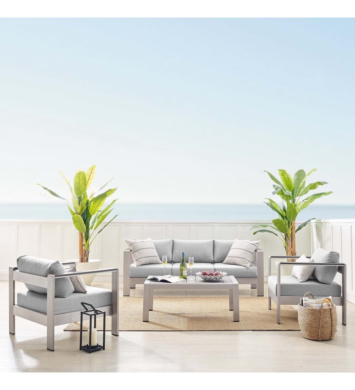 Shore Sunbrella¬Æ Fabric Outdoor Patio Aluminum 4 Piece Set in Silver Gray - Lexmod