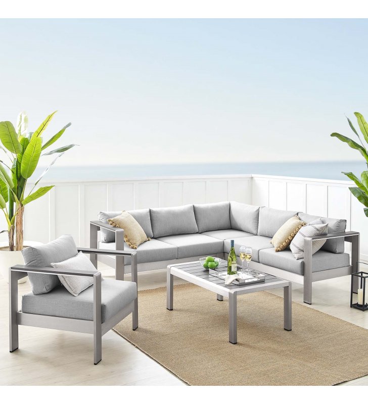Shore Sunbrella¬Æ Fabric Outdoor Patio Aluminum 5 Piece Sectional Sofa Set in Silver Gray - Lexmod