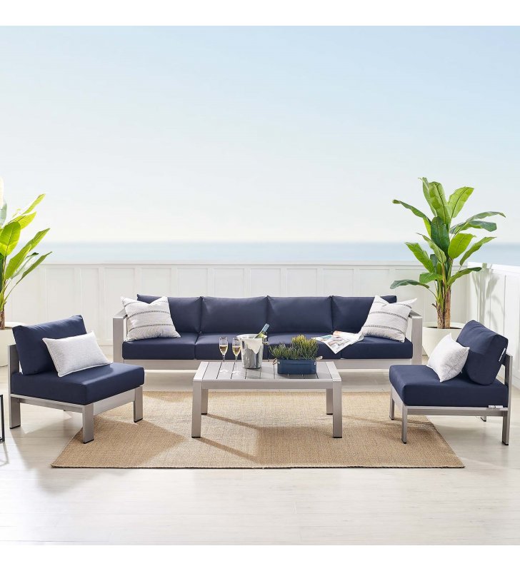 Shore Sunbrella¬Æ Fabric Outdoor Patio Aluminum 5 Piece Sectional Sofa Set in Silver Navy - Lexmod