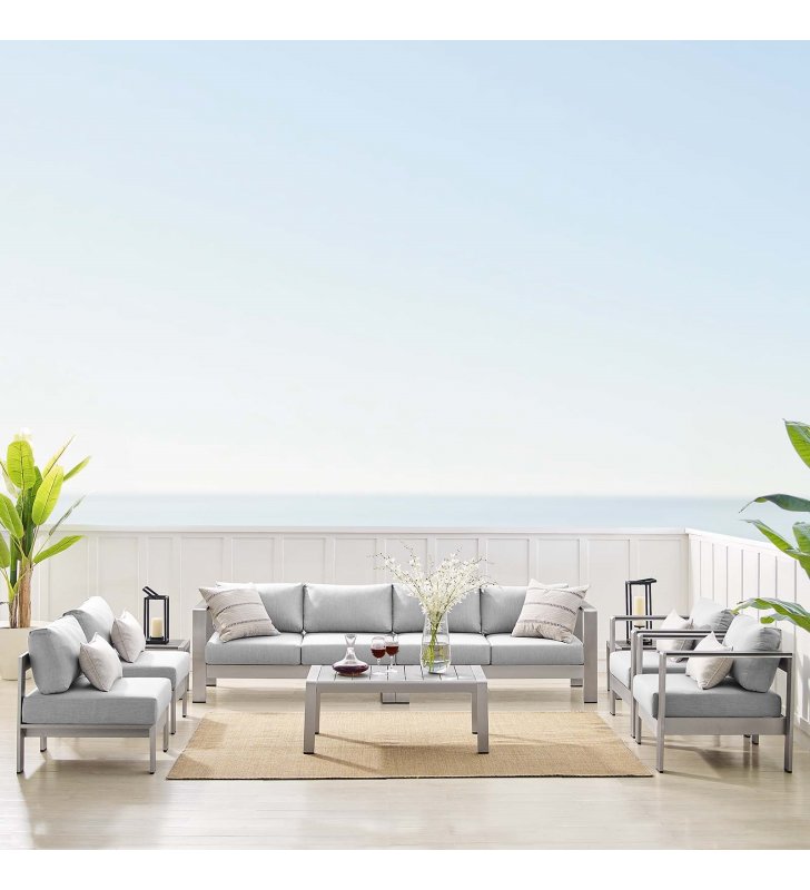 Shore Sunbrella¬Æ Fabric Outdoor Patio Aluminum 9 Piece Sectional Sofa Set in Silver Gray - Lexmod