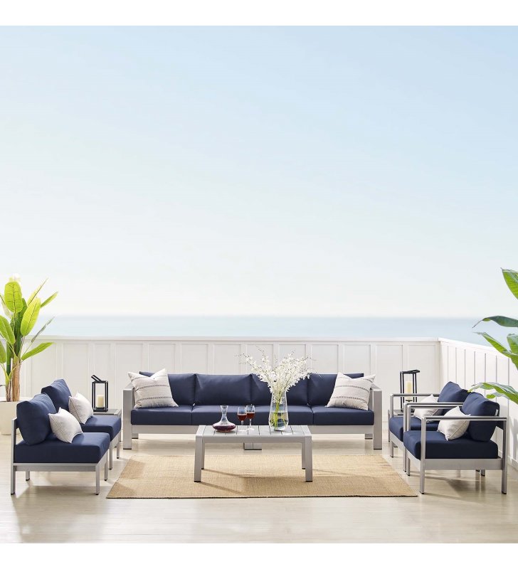 Shore Sunbrella¬Æ Fabric Outdoor Patio Aluminum 9 Piece Sectional Sofa Set in Silver Navy - Lexmod