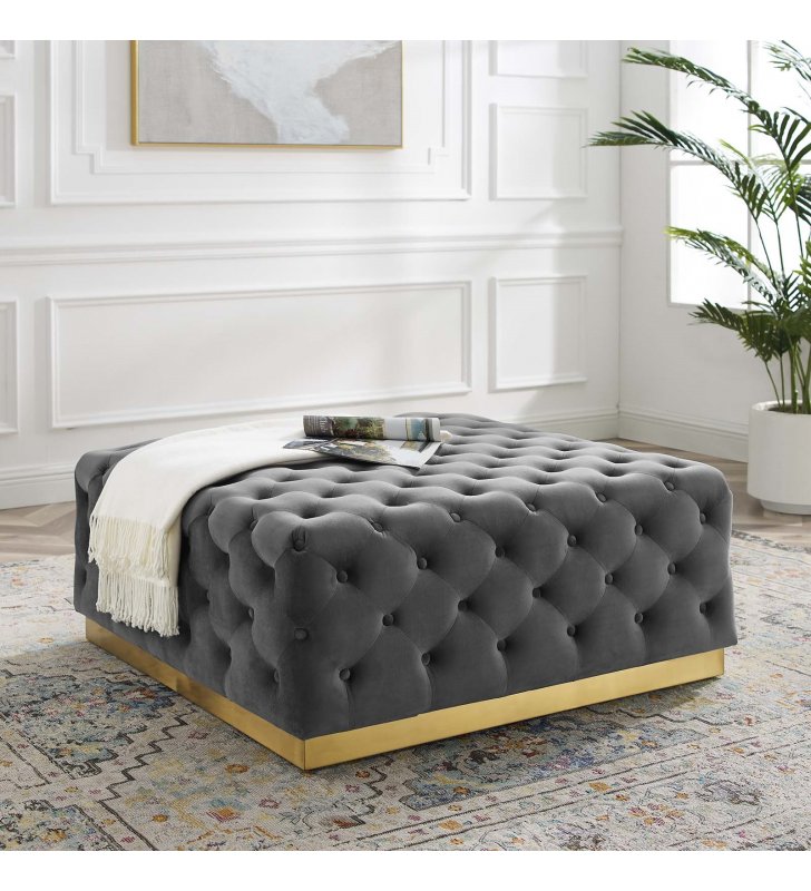 Ensconce Tufted Performance Velvet Square Ottoman in Gray - Lexmod